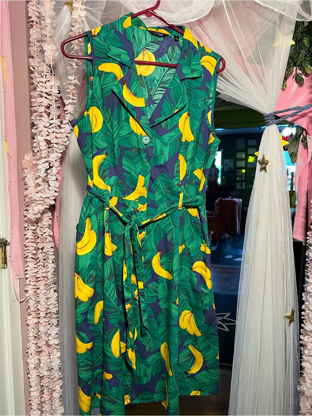 Mlle Gabrielle 100% cotton Green Midi Dress with Yellow Banana Print
